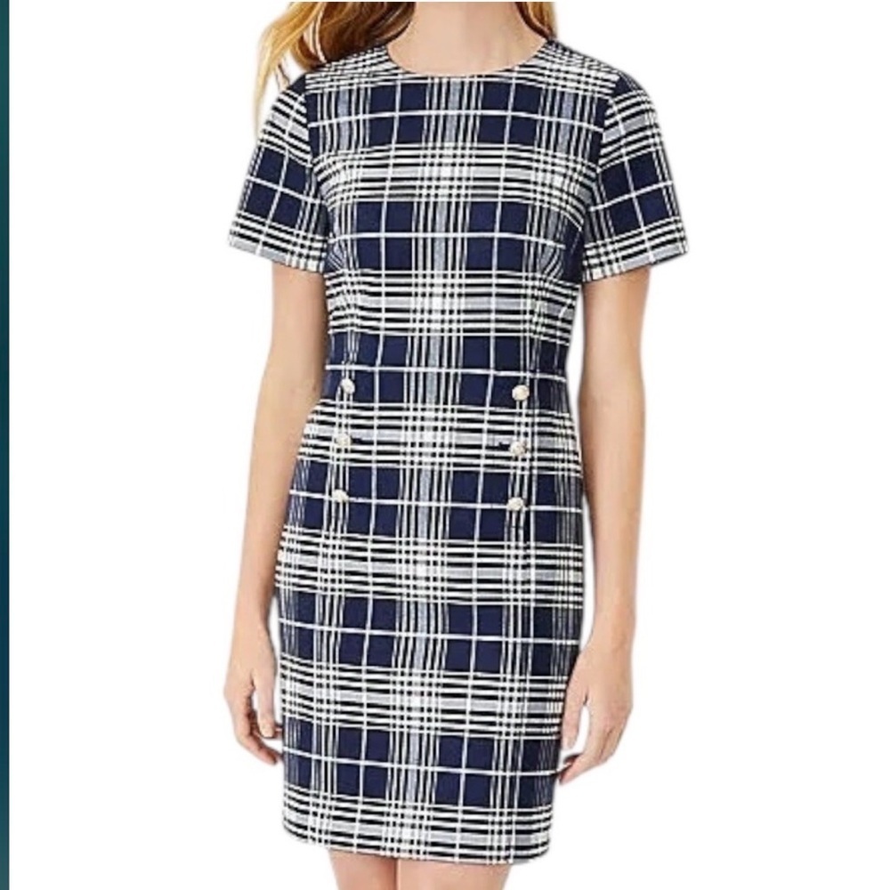 Ann Taylor Navy Plaid office Dress NWT 6P short sleeve